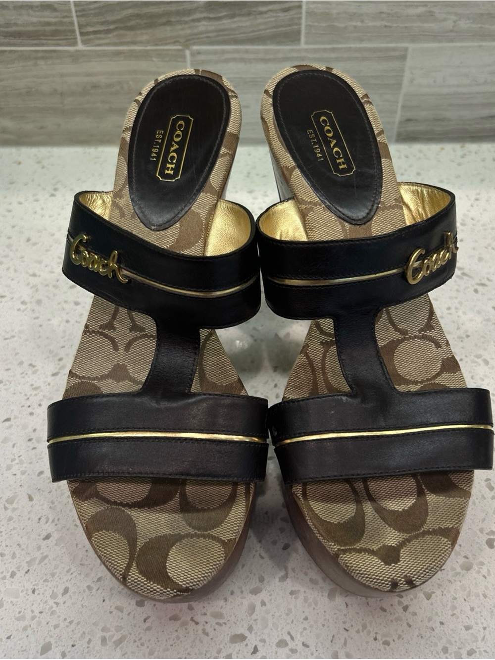 Coach Jonah Black Leather and Tan Signature Platform Sandals